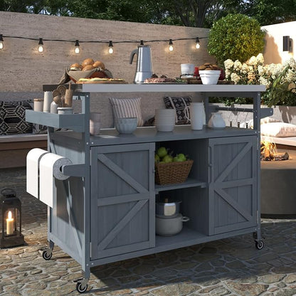 50.25" Outdoor Grill Table with Storage & Locking Wheels | Outdoor grill table,outdoor wood cabinet for grill,kitchen island with storage,steel top,spice rack,prep table for grilling