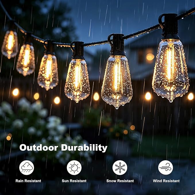ST38 Outdoor String Lights 65FT, App and Remote, 24V Warm White | 30 ST38 LED bulbs + 1 spare, app and remote control, music sync, dimmable 2700K glow, 30 clips, rain-resistant design