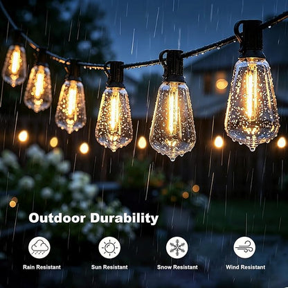 ST38 Outdoor String Lights 65FT, App and Remote, 24V Warm White | 30 ST38 LED bulbs + 1 spare, app and remote control, music sync, dimmable 2700K glow, 30 clips, rain-resistant design