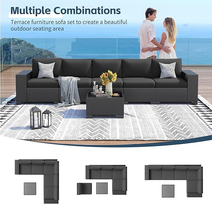 UDPATIO Patio Furniture Set, Outdoor Wicker Sectional Sofa with 8'' Wide Armrests, 6 Piece Modular Patio Conversation Set with Coffee Table for Backyard, Deck, Garden, Black