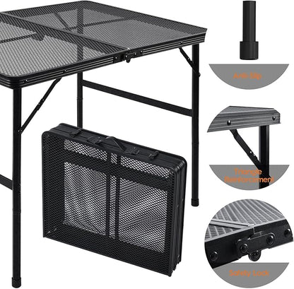 WildFinder 3x2 FT Folding Grill Table, Portable Camping Table for Outside, Adjustable Height Folding Table with Desktop & Mesh Bag, Lightweight Outdoor Table for Camping, Picnic, BBQ