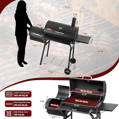 Charcoal Grill with Offset Smoker, 744.5 Sq. In. Outdoor BBQ Grill | Side fire box, 4-position adjustable charcoal pan, thermometer, warming rack, side table, wheels and storage rack