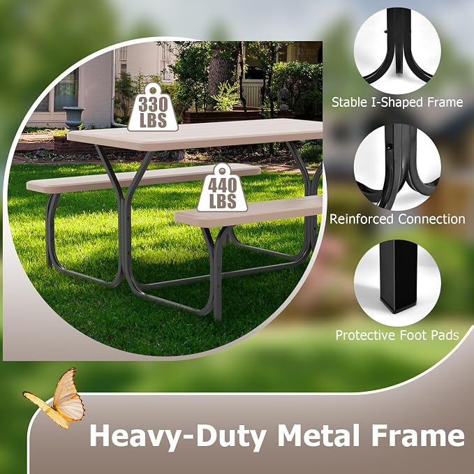 GYMAX Picnic Table, Picnic Bench Easy to Assemble w/All Weather Wood Grain Tabletop & Metal Frame, Picnic Tables for Outdoors Camping Backyard Deck Patio Poolside Dining Party