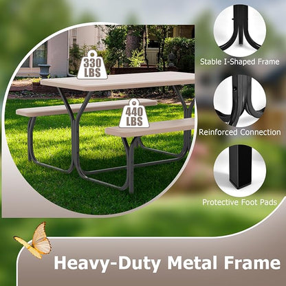 GYMAX Picnic Table, Picnic Bench Easy to Assemble w/All Weather Wood Grain Tabletop & Metal Frame, Picnic Tables for Outdoors Camping Backyard Deck Patio Poolside Dining Party