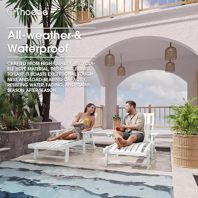 THOEOE Patio Chaise Lounge Chair Set of 4, Oversized Lounge Chair Outdoor with 5 Positions, 78″ Long, HDPE, Patio Lounge Chair with Wheels & Cup Holder for Pool, Deck, Poolside,White