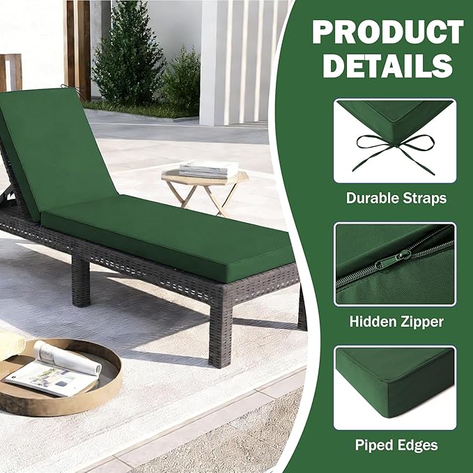 2 Pcs Chaise Lounge Cushions Outdoor Set of 2, 72x 21x 3 Inch Waterproof & Fade-Resistant Lounge Chair Cushion, Outdoor Chaise Cushion with Ties for Lawn, Patio, Pool & Beach, Forest Green
