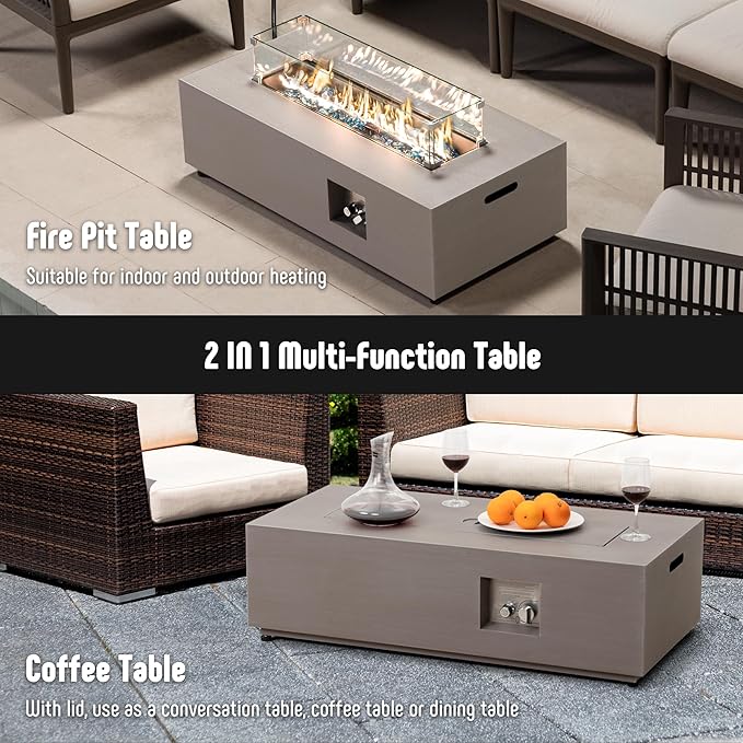 Werph 42’’ Propane Fire Pit Table Set with Tank Holder, CSA Certifed 50,000 BTU Outdoor Firepit Table, Wind Guard & Glass Stones, Smoke-Free Rectangular Fire Table for Garden Porch Backyard