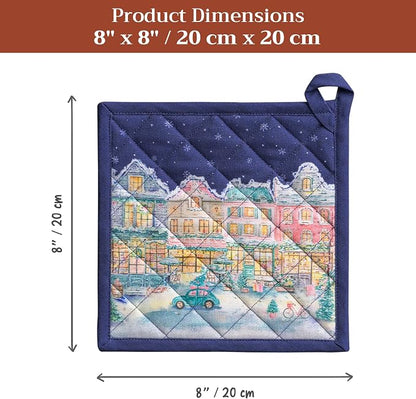 Maison d' Hermine Pot Holders 100% Cotton Potholders (8" x 8", Pack of 1) | Heat Resistant Hot Pads with Loop BBQ Cooking Kitchen Handling Hot Pans Thanksgiving Christmas - Christmas Market - Blue