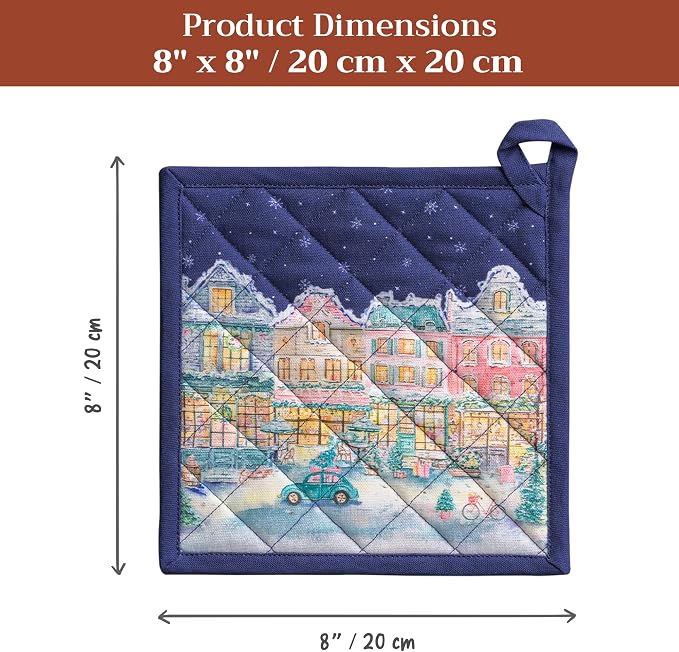 Maison d' Hermine Pot Holders 100% Cotton Potholders (8" x 8", Pack of 2) | Heat Resistant Hot Pads with Loop BBQ Cooking Kitchen Handling Hot Pans Thanksgiving Christmas - Christmas Market - Blue