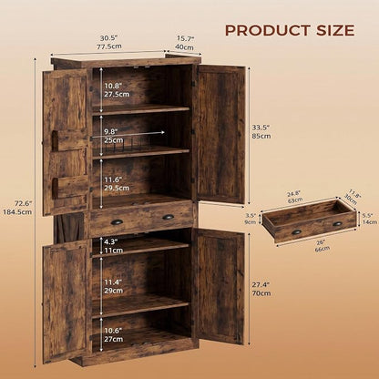 IRONCK 72.6" H Farmhouse Kitchen Pantry with Drawer, Vintage Brown | Freestanding Storage Cabinet with Adjustable Shelves & X-Design Doors, Large Floor Cupboard for Kitchen, Dining Room