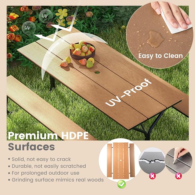 GIANTEX 6 FT Outdoor Picnic Table Bench Set for 6-8 People, 2400 LBS Capacity Patio Dining Table & 2 Benches with Metal Frame & HDPE, Balcony Conversation Set for Poolside Deck Garden (Brown)