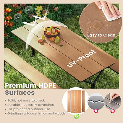 GIANTEX 6 FT Outdoor Picnic Table Bench Set for 6-8 People, 2400 LBS Capacity Patio Dining Table & 2 Benches with Metal Frame & HDPE, Balcony Conversation Set for Poolside Deck Garden (Brown)