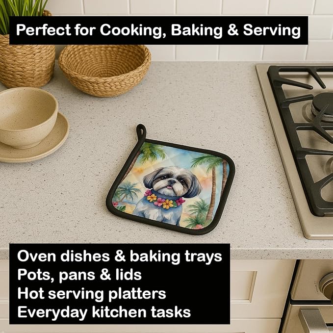 Caroline's Treasures Shih Tzu Luau Pair of Pot Holders Kitchen Heat Resistant Pot Holders Sets Oven Hot Pads for Cooking Baking BBQ, 7 1/2 x 7 1/2