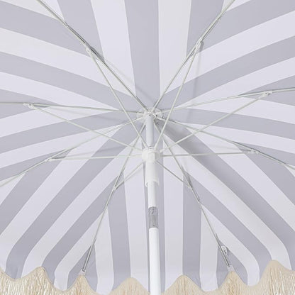 JONATHAN Y Mariner 6.5 ft. Striped Fringe Beach Umbrella, Navy/White | Push-Button Tilt, UV 50 Protection, Matching Carry Bag, Iron Pole, Wind Vent, Scalloped Round Canopy, Coastal Style