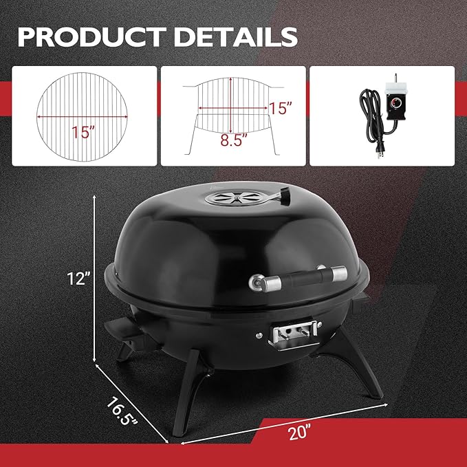 ROVSUN 1600W Vertical Electric Grill with Lid, Red 304 Stainless Steel Grill w/Detachable Pull-out Drip Tray, Double Layer Design, Portable & Removable, for Indoor and Outdoor Use (Black Tabletop)