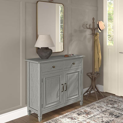 SIMPLIHOME Connaught 40" Wide Solid Wood Cabinet in Fog Grey | Traditional slim entryway and living room organizer for hats, gloves, shoes and keys with space-saving storage design.