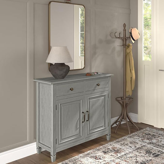 SIMPLIHOME Connaught 40" Wide Solid Wood Cabinet in Fog Grey | Traditional slim entryway and living room organizer for hats, gloves, shoes and keys with space-saving storage design.