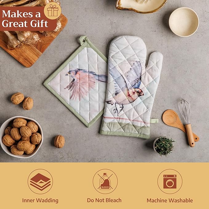 Maison d' Hermine Oven Gloves 100% Cotton Easter Oven Mitt Heat Resistant BBQ Cooking Gloves with Loop for Grilling, Microwave, Barbeque, Flying Birds Spring/Summer (Oven Mitt (7.5''''x13''''))