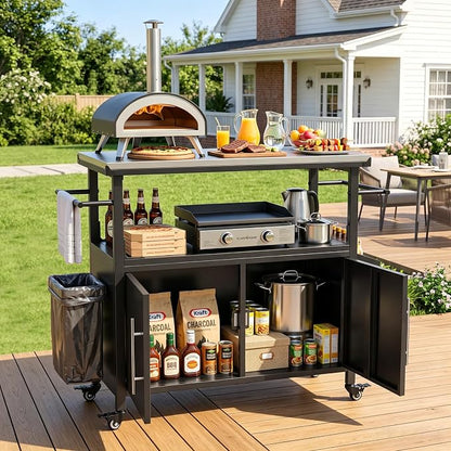 KEIKI Outdoor Grill Cart with Stainless Steel Top, Storage Cabinet & Wheel