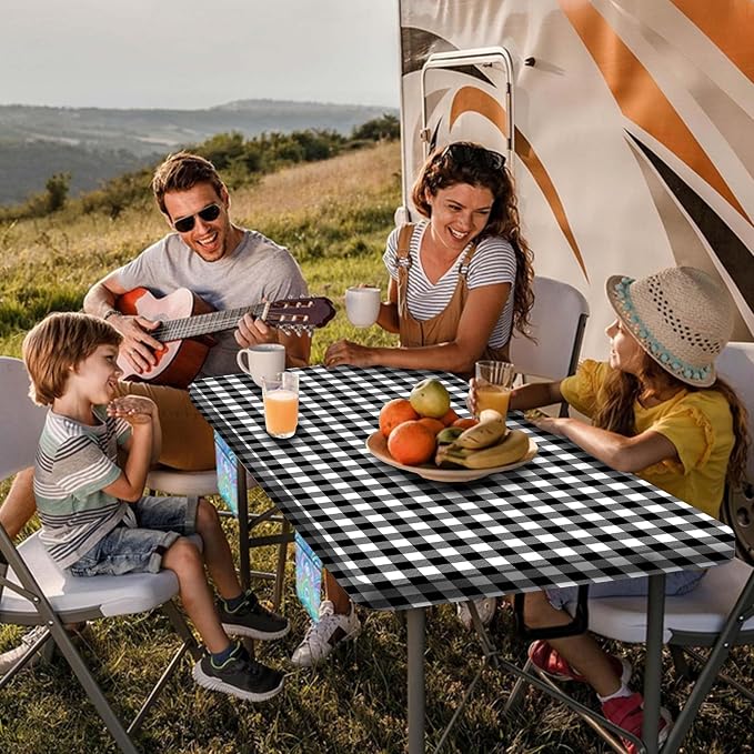 Picnic Table Cover with Bench Covers, Black and White Checkered Waterproof and Windproof, Fitted Tablecloth Cover with Elastic Edge, for Outdoor, Garden, Camping, 3 Pieces Set, 30x96 Inch
