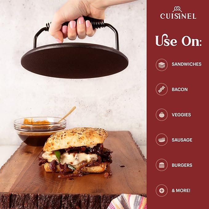 Cuisinel Grill Press - Cast Iron Burger Press for Bacon, Steak and Smashed Hamburgers - 7.5" Round Pre-Seasoned 4-lb. Weight Sandwich/Panini Maker - Griddle, BBQ, Grill Accessory