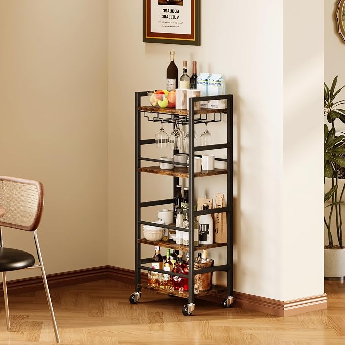 Homeiju Small Bar Cart, Home Bar Serving Cart with 4-Tier Shelf, Mobile Kitchen Shelf with Large Storage and Glass Holder, Mini Bar Cart for Small Spaces, Kitchen and Dining Room, Rustic Brown