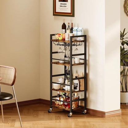Homeiju Small Bar Cart, Home Bar Serving Cart with 4-Tier Shelf, Mobile Kitchen Shelf with Large Storage and Glass Holder, Mini Bar Cart for Small Spaces, Kitchen and Dining Room, Rustic Brown