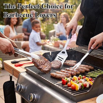 5PCS BBQ Tools Set, Heavy Duty Stainless Steel Grill Accessories with Spatula, Fork, Tongs & 2 Basting Brushes, Barbecue Utensils Kit with Carry Bag, Outdoor Grill Gifts for Dad Husband