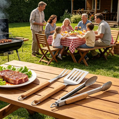 3Pc Wooden BBQ Tool Set, Heavy Duty Spatula, Fork & Tongs | Includes a versatile spatula, heavy-duty fork, and locking tongs for professional barbecuing