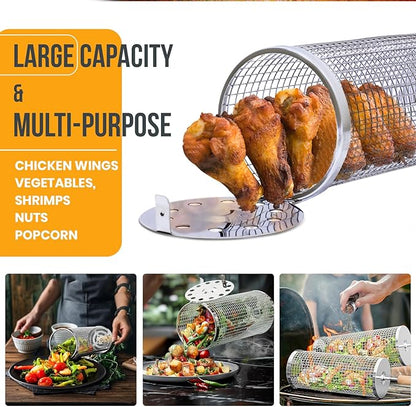 Rolling Grill Basket for Veggies (2 PCS) | 304 Stainless Steel Grill Baskets for Outdoor Grill with Removable Wooden Handle | BBQ Baskets for Grilling | Vegetable Grill Basket