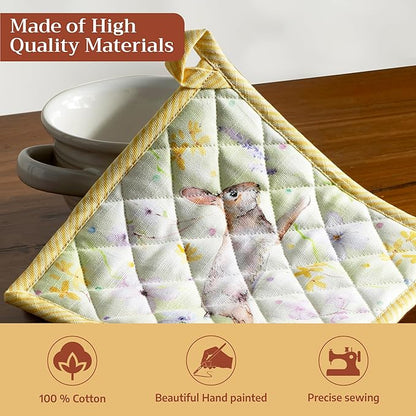 Maison d' Hermine Pot Holders 100% Cotton Heat Resistant Potholders 8" x 8" Hot Pads with Loop BBQ Cooking Baking Hotel Farmhouse Kitchen Handling Hot Pans Spring Summer (Pack of 1, Easter Zest)
