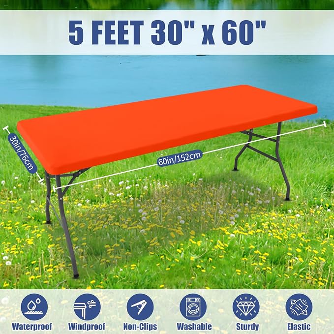 Moosfor 2 Pack Rectangle Spandex Fitted Table Cloth, 5FT Elastic Tablecloth | Washable Picnic Table Cover, Stretch Waterproof Table cloths for Party, Patio, Dining, Kitchen, 30" x 60", Orange