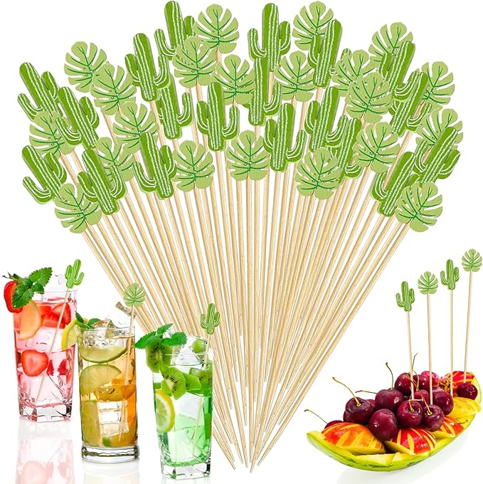 150 PCS Green Cocktail Picks Cactus Cute Handmade Sticks Bamboo Wooden Leaf Toothpicks Summer Party Decorations Appetizer Skewers