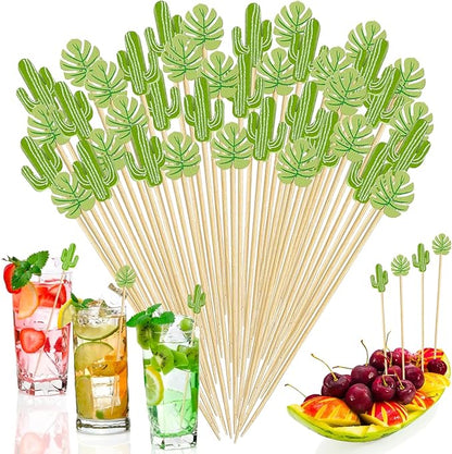 150 PCS Green Cocktail Picks Cactus Cute Handmade Sticks Bamboo Wooden Leaf Toothpicks Summer Party Decorations Appetizer Skewers