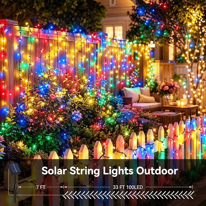 Solar String Lights Outdoor 2 Pack Total 66FT 200LED Solar Fairy Lights Waterproof 8 Modes Twinkle Solar Lights for Patio, Garden Yard Party Wedding Tree Christmas Halloween Decoration, Multicolor
