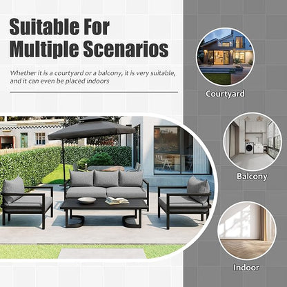 4-Piece Outdoor Steel Sofa Set, All Weather Patio Conversation Set with 1 Love Sofa, 2 Single Sofa and Coffee Table, Waterproof Cushions, Suitable for Backyard Poolside Gardens (Light Grey-Z)