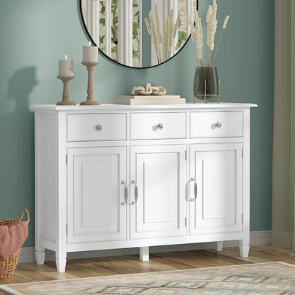 SIMPLIHOME Connaught 51" Wide Solid Wood Storage Cabinet in White | Traditional space-saving entryway or mudroom cabinet with 3 drawers and adjustable shelves for organized household storage.