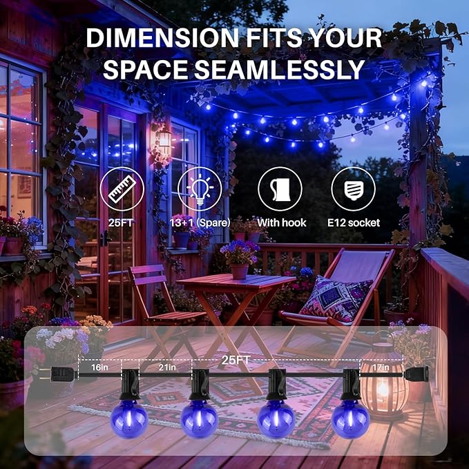 25 FT Blue Outdoor String Lights G40 Globe Shatterproof Patio Lights,13 Plastic Edison Bulbs(1 Spare) IP65 Waterproof Dimmable LED Bulbs for Backyard Porch Balcony Party Decor, E12 Base
