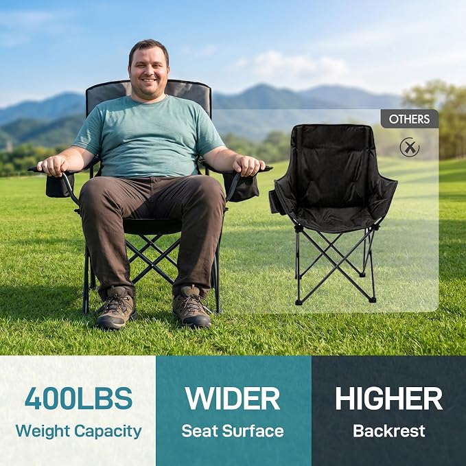 EVER ADVANCED Folding Camping Chair with Cup Holder, Oversized Padded Heavy Duty Lawn Chair, Sturdy Build Supports 400lbs for Adults, Outdoor Fishing & Sports, Black