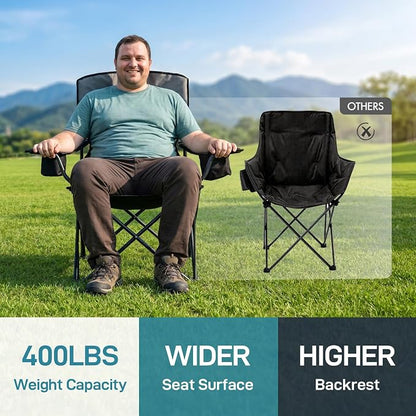 EVER ADVANCED Folding Camping Chair with Cup Holder, Oversized Padded Heavy Duty Lawn Chair, Sturdy Build Supports 400lbs for Adults, Outdoor Fishing & Sports, Black