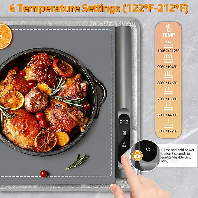 Newise Graphene Warming Mat for Food, Extra Large (XXL 36”x 16") Electric Warming Trays for Buffets Party Countertop with 6 Temp & Timer Settings, Kitchen Gifts for Mom Wife, Gray