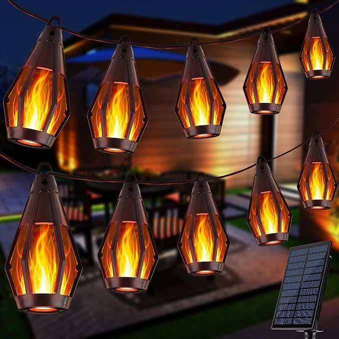 Flacchi Solar String Lights Outdoor, 41FT Flame Solar Powered Patio Lights with 15 Bulbs 150 LEDs, Waterproof Outdoor String Lights for Garden Yard Patio Decor, Outside Decor for Party Camping BBQ