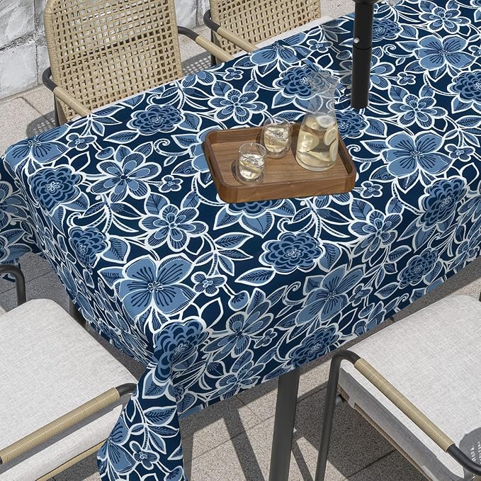 Outdoor Rectangle Tablecloth, 60×84 Inch Water Repellent Picnic Table Cover with Umbrella Hole Zipper for Patio Family Meal, Flower Navy