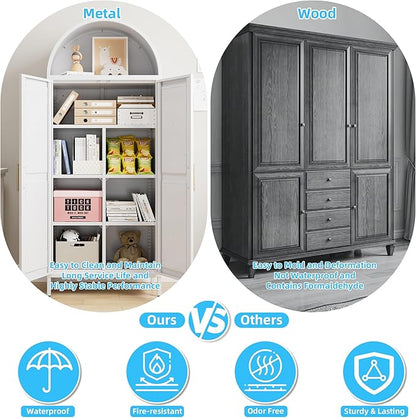 Metal Arched Pantry Cabinet with 4 Adjustable Shelves, Farmhouse Tall Arched Cabinet with 2 Doors for Kitchen，Living Room,White, Assemble Required, 13.8" D x 27.6" W x 66.9" H