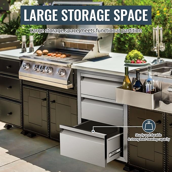 Outdoor Kitchen Drawer 18 x 24 x 23 inch Flush Mount BBQ Triple Layer Drawer, Durable Stainless Steel Kitchen Outdoor Kitchen Access Drawer for BBQ Island Patio