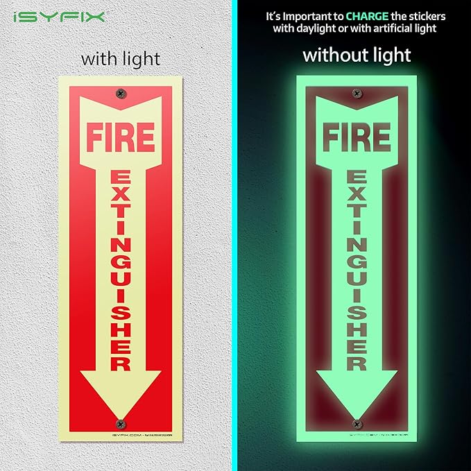 iSYFIX Fire Extinguisher Glow in the Dark Signs – 3 Pack 4x12 Inch – 40 mil Thick Polystyrene Plastic, Laminated for Ultimate UV, Weather, Scratch, Water & Fade Resistance, Indoor & Outdoor
