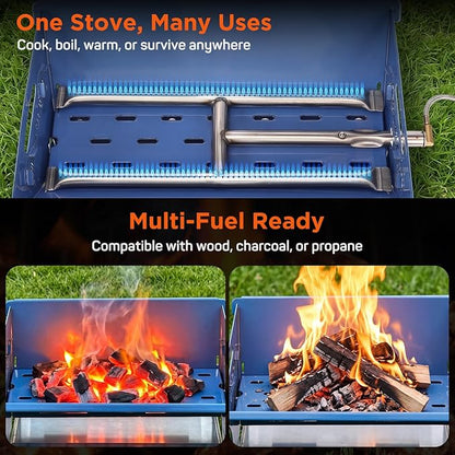 QuliMetal Portable Camping Grill, Foldable 3-in-1 Charcoal Wood Gas BBQ Grill with Carry Bag, Heavy-Duty Stainless Steel Fire Pit for Outdoor Cooking Backpacking Tailgating Patio Backyard