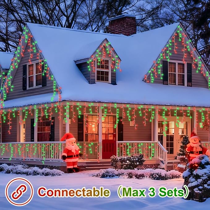 YEGUO 33ft 400 LED Red and Green Icicle Lights Outdoor Waterproof, 80 Drops Icicle String Light Connectable, 8 Modes Icicle Christmas Lights with Memory Timer