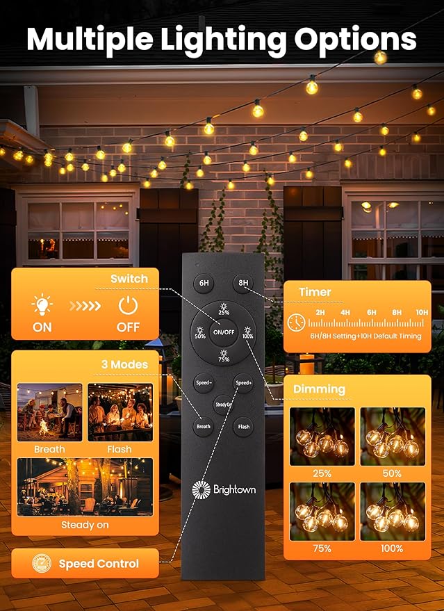 Brightown 38FT 16LED Solar String Lights Outdoor with Remote & USB Port, Shatterproof Bulbs, Dimmable & Timable, 3 Modes, Patio Lights Solar Powered with Mount Clips for Camping Backyard Garden Decor
