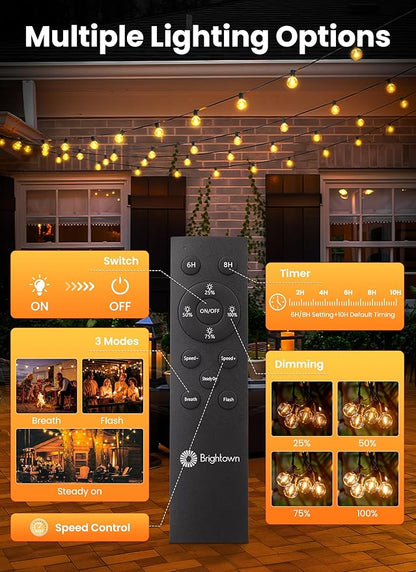 Brightown 38FT 16LED Solar String Lights Outdoor with Remote & USB Port, Shatterproof Bulbs, Dimmable & Timable, 3 Modes, Patio Lights Solar Powered with Mount Clips for Camping Backyard Garden Decor
